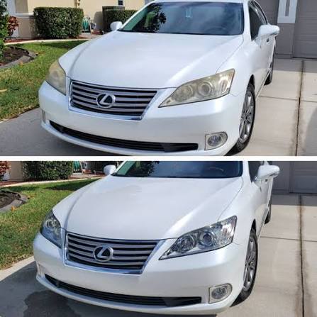 Before and after headlight restoration on a white Lexus